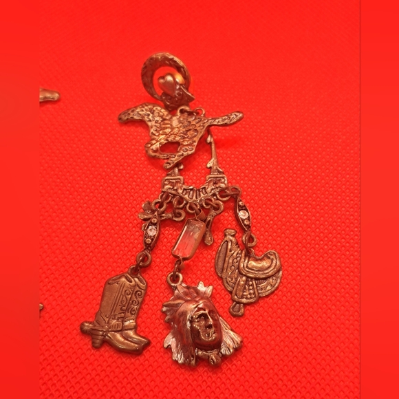 Vintage Wild West Cowboy Riding Buffalo Charms Fun Dangle Post Earrings - Picture 2 of 11